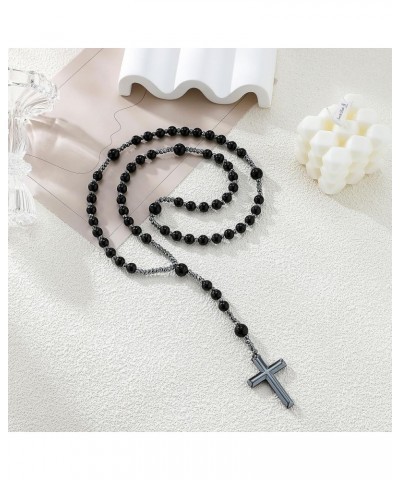 Jesus Crucifix Rosary Beads Necklace for Men Women Hematite and Matte Black Agate Cross Necklace Black $10.63 Necklaces