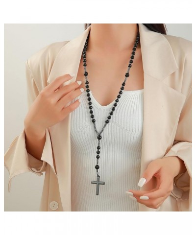 Jesus Crucifix Rosary Beads Necklace for Men Women Hematite and Matte Black Agate Cross Necklace Black $10.63 Necklaces