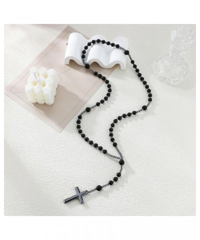 Jesus Crucifix Rosary Beads Necklace for Men Women Hematite and Matte Black Agate Cross Necklace Black $10.63 Necklaces