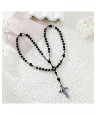 Jesus Crucifix Rosary Beads Necklace for Men Women Hematite and Matte Black Agate Cross Necklace Black $10.63 Necklaces