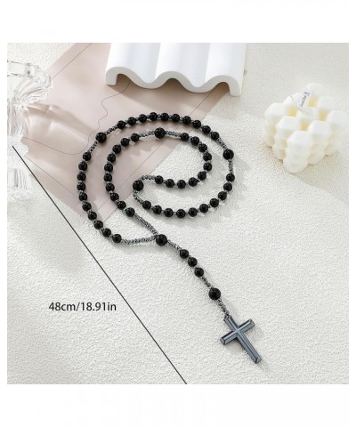 Jesus Crucifix Rosary Beads Necklace for Men Women Hematite and Matte Black Agate Cross Necklace Black $10.63 Necklaces