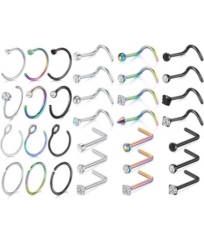 18G Stainless Steel Nose Ring Hoop Nose Rings Studs Piercings Hoop Jewelry for Women Men Style A(Silver+multicolor+Black) $9....