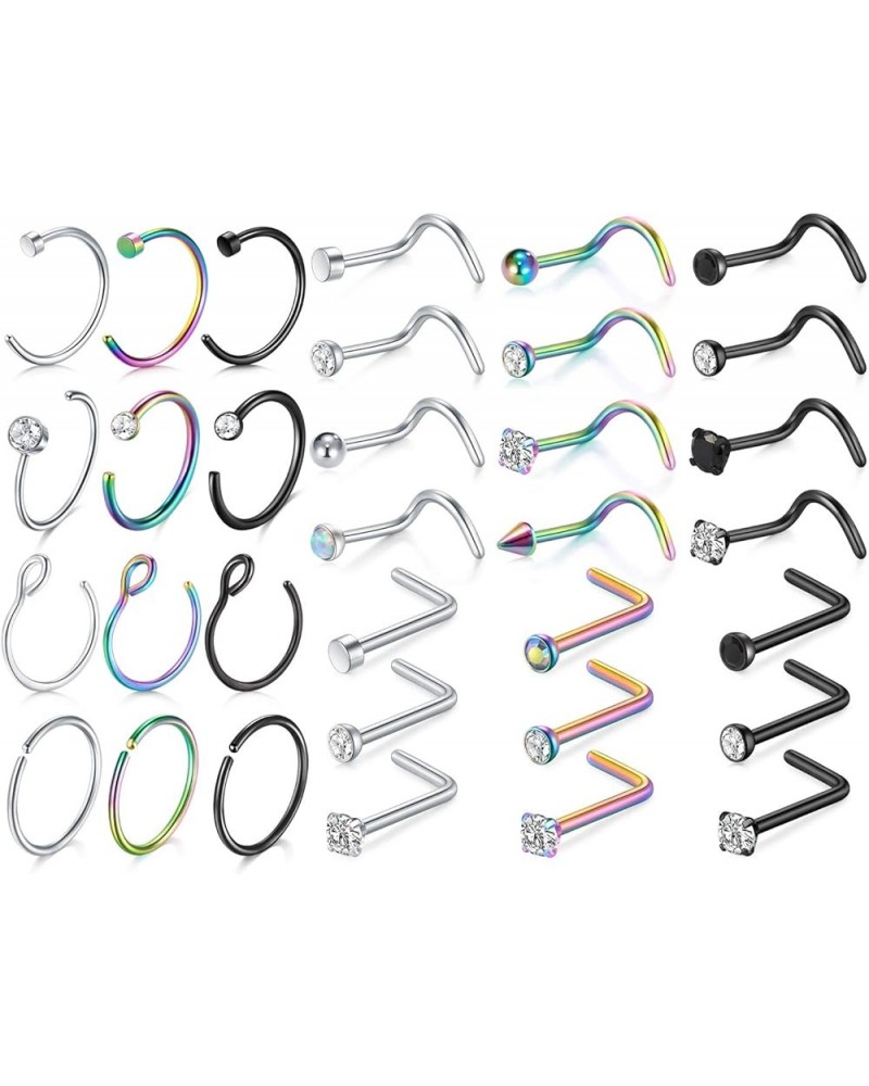 18G Stainless Steel Nose Ring Hoop Nose Rings Studs Piercings Hoop Jewelry for Women Men Style A(Silver+multicolor+Black) $9....