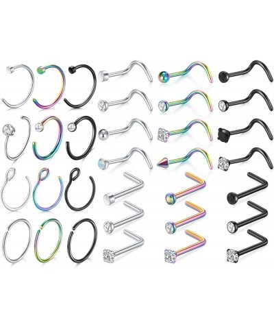 18G Stainless Steel Nose Ring Hoop Nose Rings Studs Piercings Hoop Jewelry for Women Men Style A(Silver+multicolor+Black) $9....