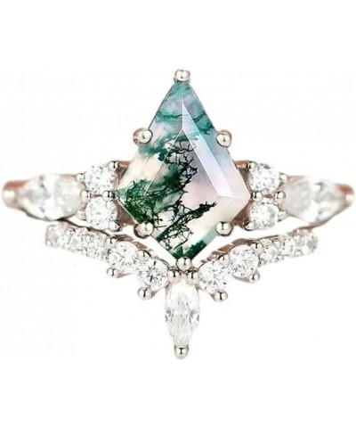 Moss Agate Gemstone Women's Irregular Zirconia and Diamonds 2-Piece Ring Set 925 Sterling Silver Ring for Women Kite Cut Wome...