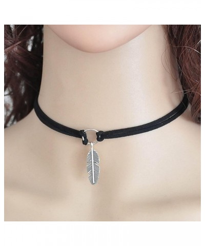 Boho Layered Black Velvet Choker Necklace Vintage Silver Feather Pendant Necklace Choker Gothic Layered Leather Rope Chain St...