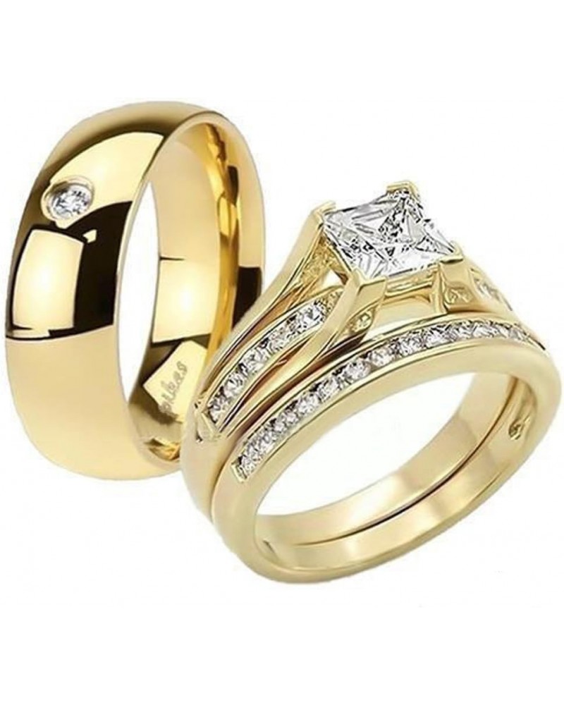 His and Her 14K Gold Plated Stainless Steel 3 Piece Wedding Engagement Ring and Men's Band Set Women's Size 11 Men's Size 09 ...