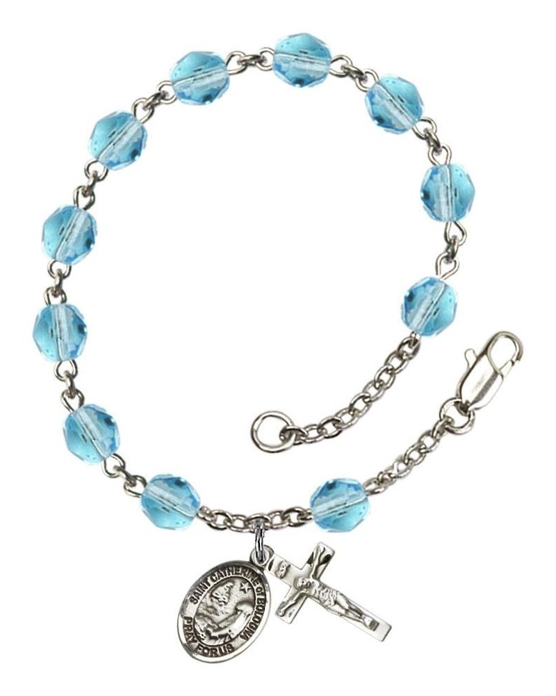 St. Catherine of Bologna Silver Plate Rosary Bracelet 6mm Fire Polished Beads - Every Birth Month Color March Light Blue $33....