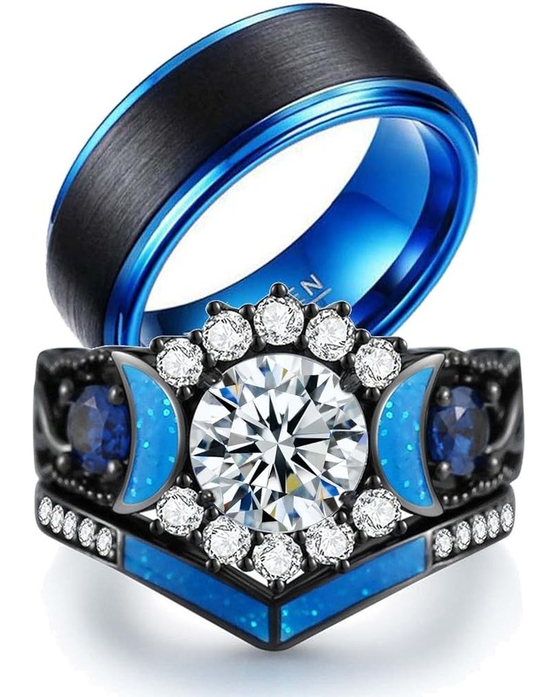 Couple Rings Black Matching Ring 1.5ct CZ Women Wedding Ring Sets for Him and Her Ring Sets Moon Ring Blue women size9 & men ...