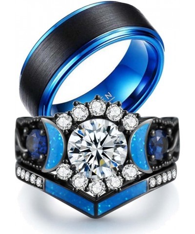 Couple Rings Black Matching Ring 1.5ct CZ Women Wedding Ring Sets for Him and Her Ring Sets Moon Ring Blue women size9 & men ...