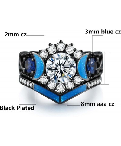 Couple Rings Black Matching Ring 1.5ct CZ Women Wedding Ring Sets for Him and Her Ring Sets Moon Ring Blue women size9 & men ...