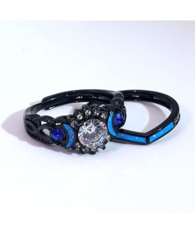 Couple Rings Black Matching Ring 1.5ct CZ Women Wedding Ring Sets for Him and Her Ring Sets Moon Ring Blue women size9 & men ...