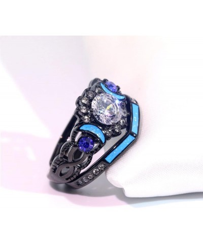 Couple Rings Black Matching Ring 1.5ct CZ Women Wedding Ring Sets for Him and Her Ring Sets Moon Ring Blue women size9 & men ...