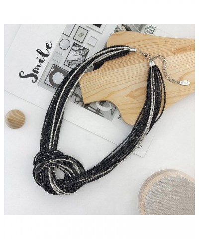 Statement Beaded Multilayer Chunky Bib Knot Necklace for Women Black $10.39 Necklaces