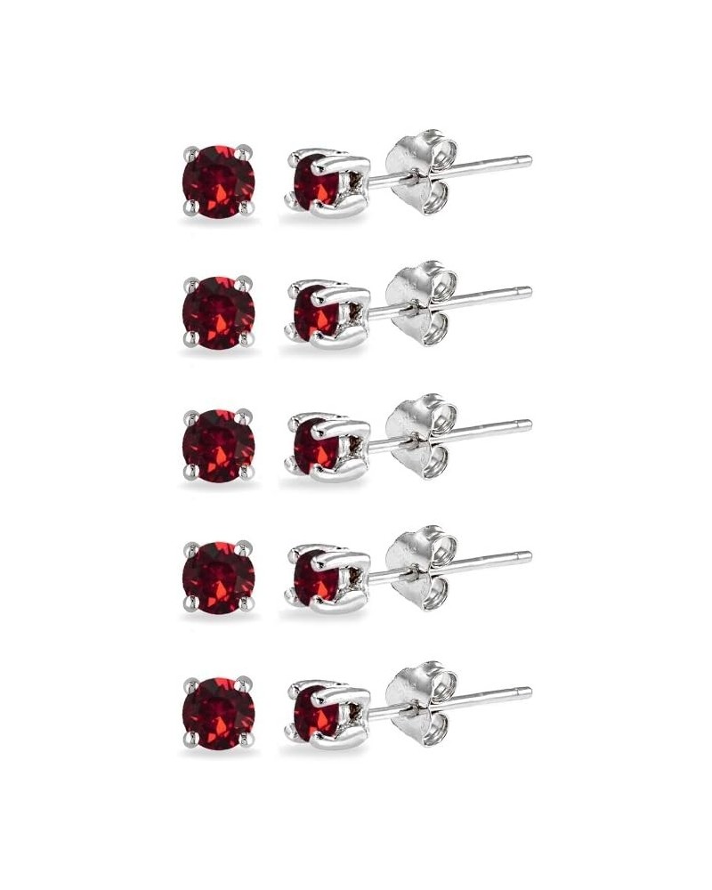 5-Pair Set Sterling Silver 4mm Round Colored Stud Earrings Made with European Crystals July - Red $11.75 Earrings