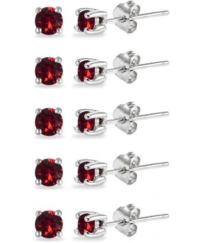 5-Pair Set Sterling Silver 4mm Round Colored Stud Earrings Made with European Crystals July - Red $11.75 Earrings