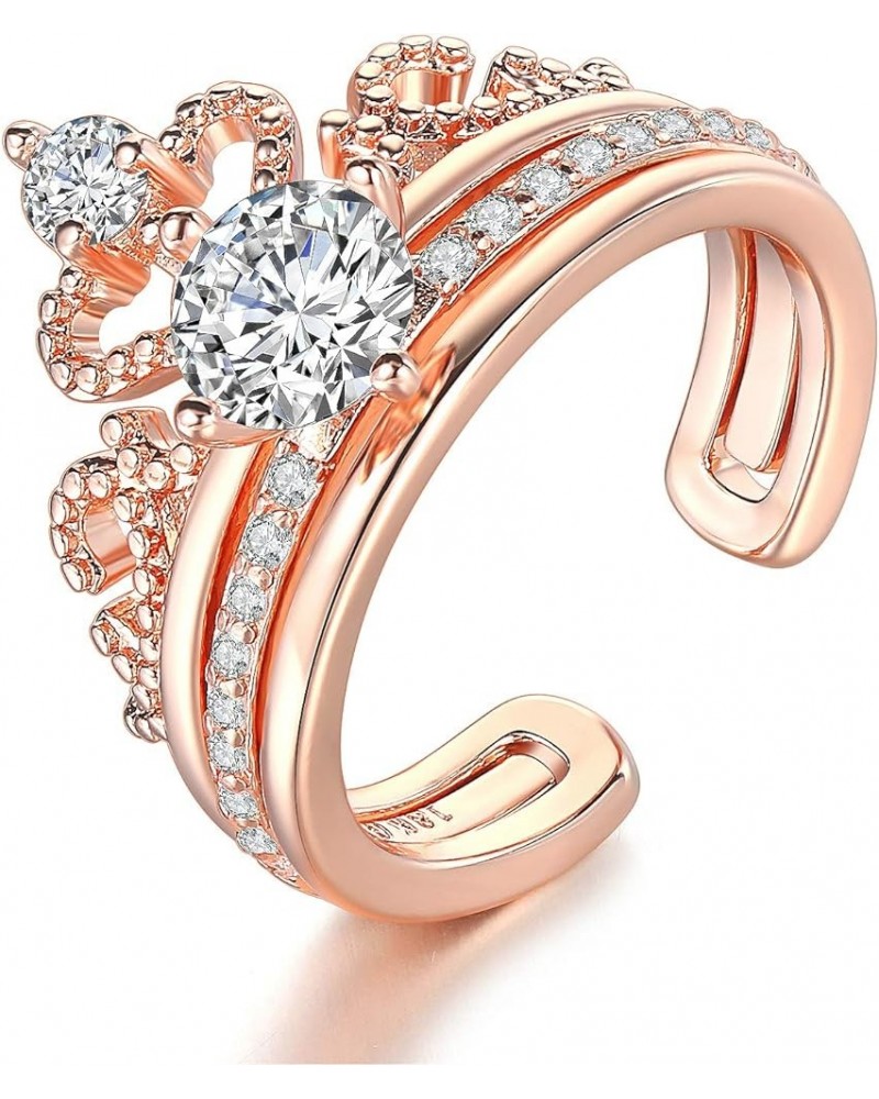 Exquisite 18K Rose Gold Plated Clear CZ Diamond Princess Crown Tiara Rings Set Cubic Zirconia Accented Fashion Stacking Ring ...