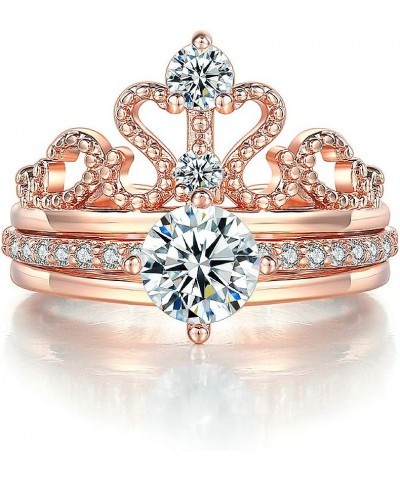 Exquisite 18K Rose Gold Plated Clear CZ Diamond Princess Crown Tiara Rings Set Cubic Zirconia Accented Fashion Stacking Ring ...