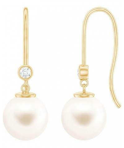 8 MM Round Shape Freshwater Pearl Drop Earrings with Diamond, June Birthstone, AAA Quality 18K Yellow Gold $127.20 Earrings