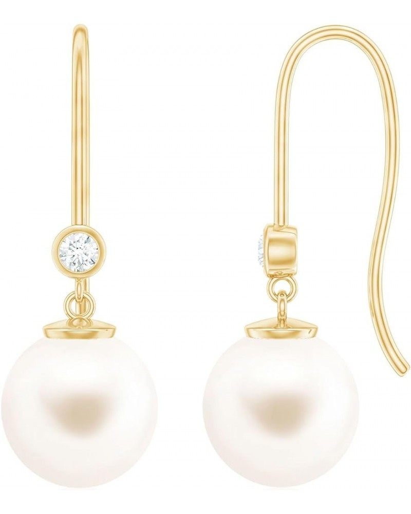 8 MM Round Shape Freshwater Pearl Drop Earrings with Diamond, June Birthstone, AAA Quality 18K Yellow Gold $127.20 Earrings