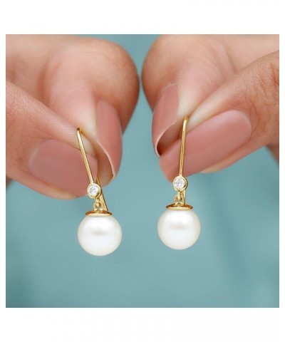 8 MM Round Shape Freshwater Pearl Drop Earrings with Diamond, June Birthstone, AAA Quality 18K Yellow Gold $127.20 Earrings