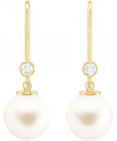 8 MM Round Shape Freshwater Pearl Drop Earrings with Diamond, June Birthstone, AAA Quality 18K Yellow Gold $127.20 Earrings