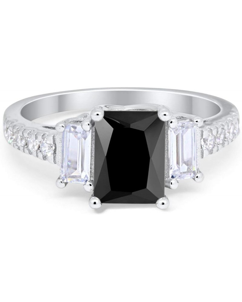 Emerald Cut Three Stone Wedding Engagement Ring Round Cubic Zirconia 925 Sterling Silver Simulated Black CZ $12.41 Rings