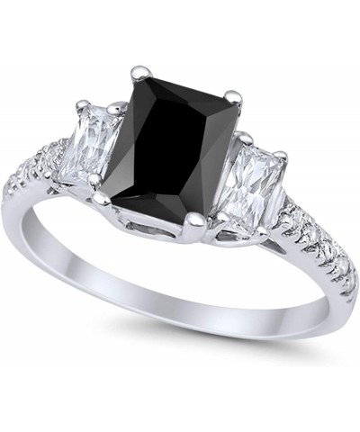 Emerald Cut Three Stone Wedding Engagement Ring Round Cubic Zirconia 925 Sterling Silver Simulated Black CZ $12.41 Rings