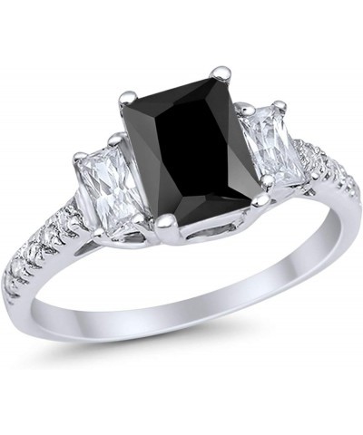 Emerald Cut Three Stone Wedding Engagement Ring Round Cubic Zirconia 925 Sterling Silver Simulated Black CZ $12.41 Rings