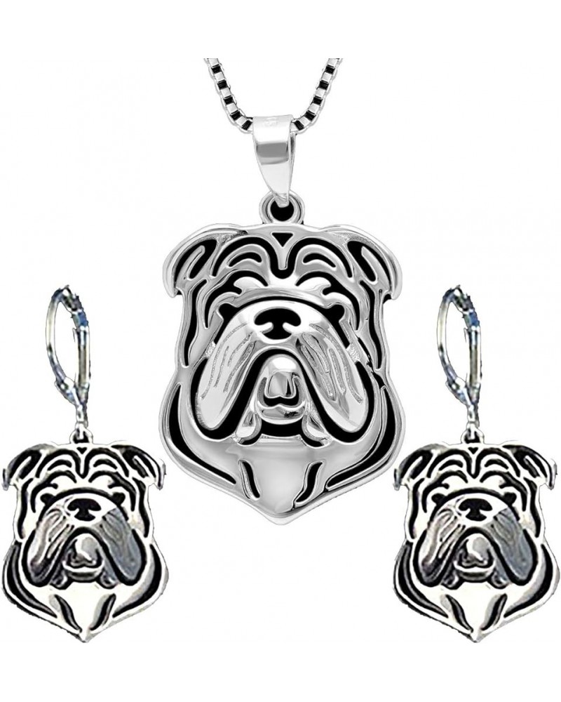 Bulldog Sterling Silver Necklace Dangle Earrings Set by Ginger Lyne Ears Down Puppy Dog Pet Pendant Box Chain Doggie Animal P...