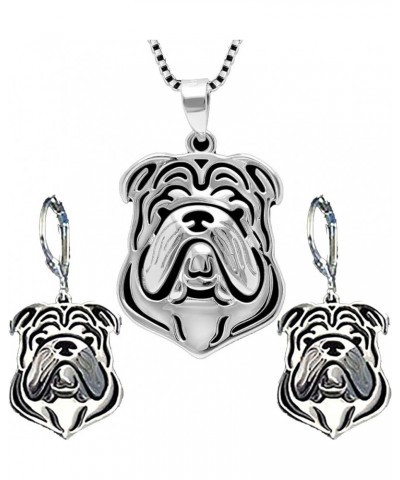 Bulldog Sterling Silver Necklace Dangle Earrings Set by Ginger Lyne Ears Down Puppy Dog Pet Pendant Box Chain Doggie Animal P...