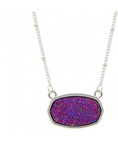 Framed Etched Oval Faux Druzy Glitter Statement Short Necklace for Women's Gift Outfit Jewelry Silver + Purple Drusy $8.57 Ne...