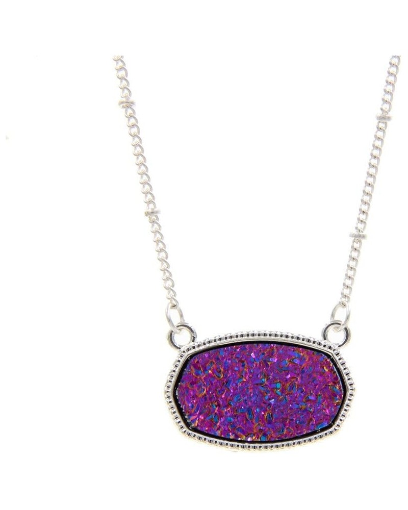 Framed Etched Oval Faux Druzy Glitter Statement Short Necklace for Women's Gift Outfit Jewelry Silver + Purple Drusy $8.57 Ne...