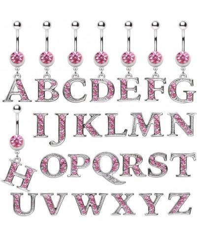 316L Navel Ring with Pink Gemmed Alphabet Initial Letter Dangle //Choose Letter// U $7.64 Body Jewelry