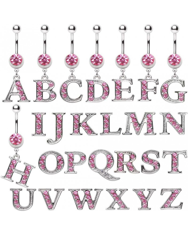 316L Navel Ring with Pink Gemmed Alphabet Initial Letter Dangle //Choose Letter// U $7.64 Body Jewelry