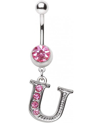 316L Navel Ring with Pink Gemmed Alphabet Initial Letter Dangle //Choose Letter// U $7.64 Body Jewelry