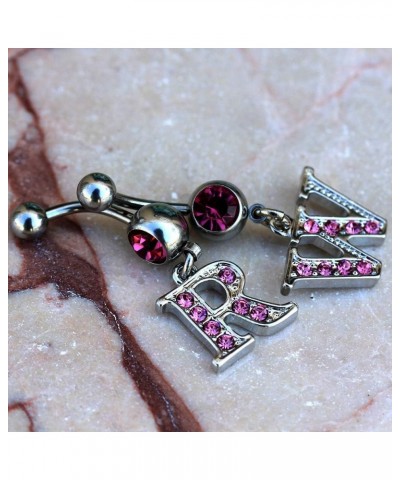 316L Navel Ring with Pink Gemmed Alphabet Initial Letter Dangle //Choose Letter// U $7.64 Body Jewelry