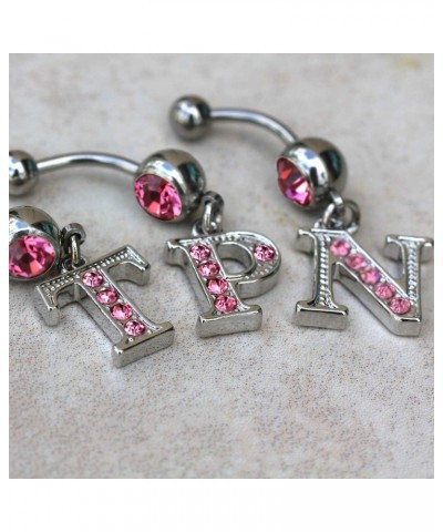 316L Navel Ring with Pink Gemmed Alphabet Initial Letter Dangle //Choose Letter// U $7.64 Body Jewelry