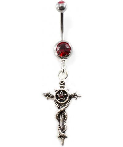 Belly Button Ring with Vintage Sword Dangle Design and Red Cubic Zirconia Gems 14G $8.13 Body Jewelry