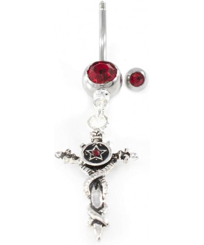 Belly Button Ring with Vintage Sword Dangle Design and Red Cubic Zirconia Gems 14G $8.13 Body Jewelry