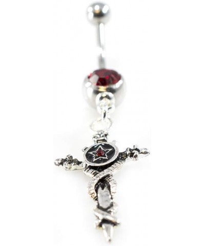 Belly Button Ring with Vintage Sword Dangle Design and Red Cubic Zirconia Gems 14G $8.13 Body Jewelry