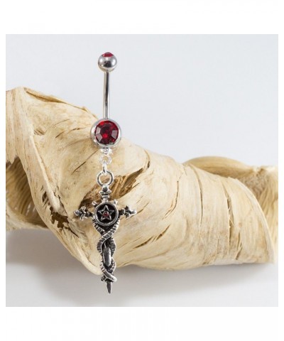 Belly Button Ring with Vintage Sword Dangle Design and Red Cubic Zirconia Gems 14G $8.13 Body Jewelry