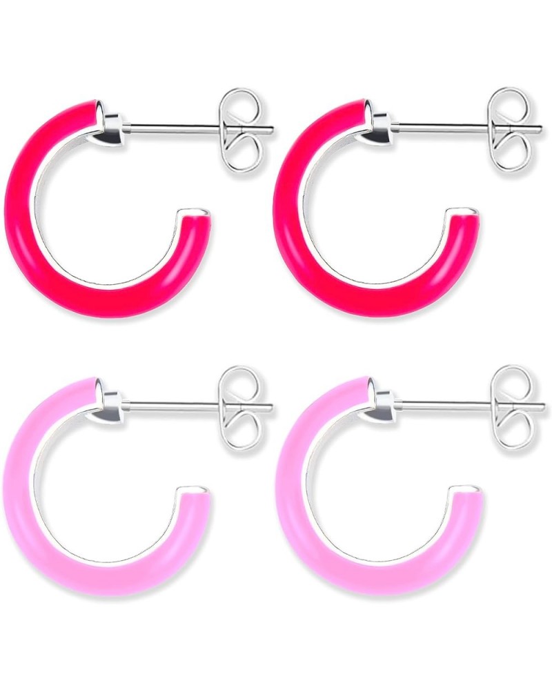 Small Hoop Earrings for Women Girls Colored Enamel Hoops Set Simple Style for Any Occasions Hot Pink+Pink $10.29 Earrings