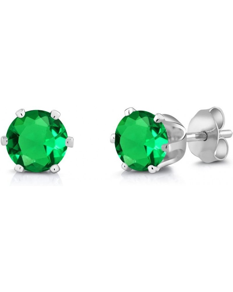 Green Simulated Emerald Rhodium Plated Stud Earrings For Women | 2.00 Cttw | Gemstone May Birthstone | Round 6MM $11.33 Earrings