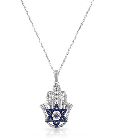 925 Sterling Silver Baguette White Blue CZ Star of David Hamsa Pendant Necklace White $27.50 Necklaces