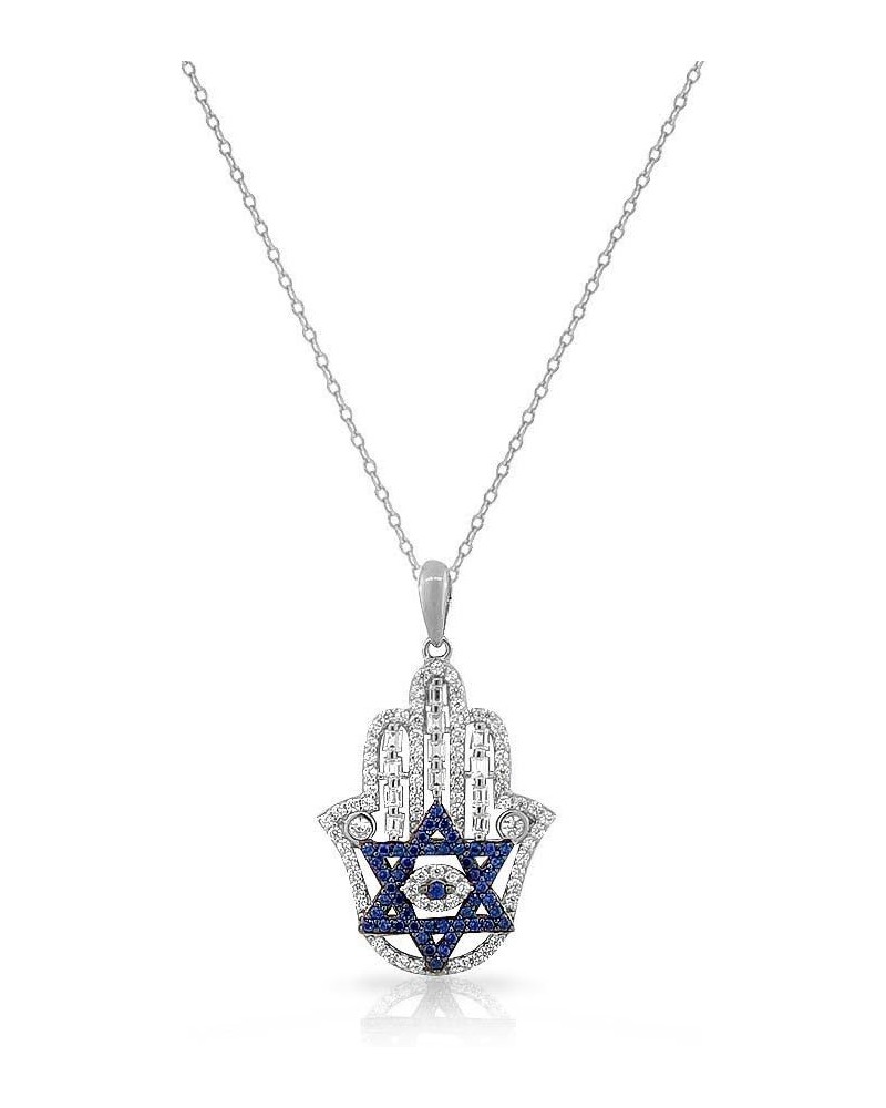 925 Sterling Silver Baguette White Blue CZ Star of David Hamsa Pendant Necklace White $27.50 Necklaces