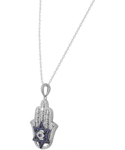 925 Sterling Silver Baguette White Blue CZ Star of David Hamsa Pendant Necklace White $27.50 Necklaces