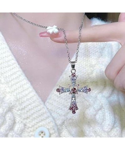 Gothic Diamond Cross Necklace Dainty Red Crystal Cross Necklace Punk Inlaid Zircon Cross Choker Necklace Vintage Religious Cr...