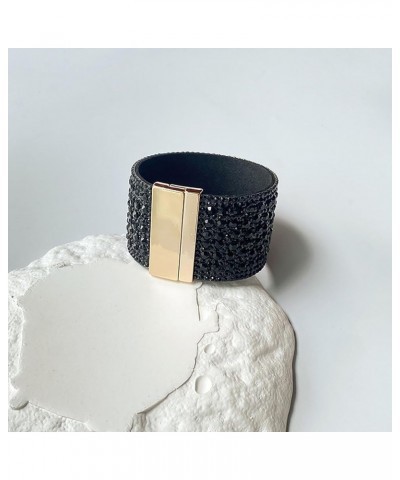 Black Rhinestone Bracelet Chunky Gold Bracelet Leather Wrap Bracelets for Women Gold Rhinestone Boho Chunky Cuff Bracelet Wid...