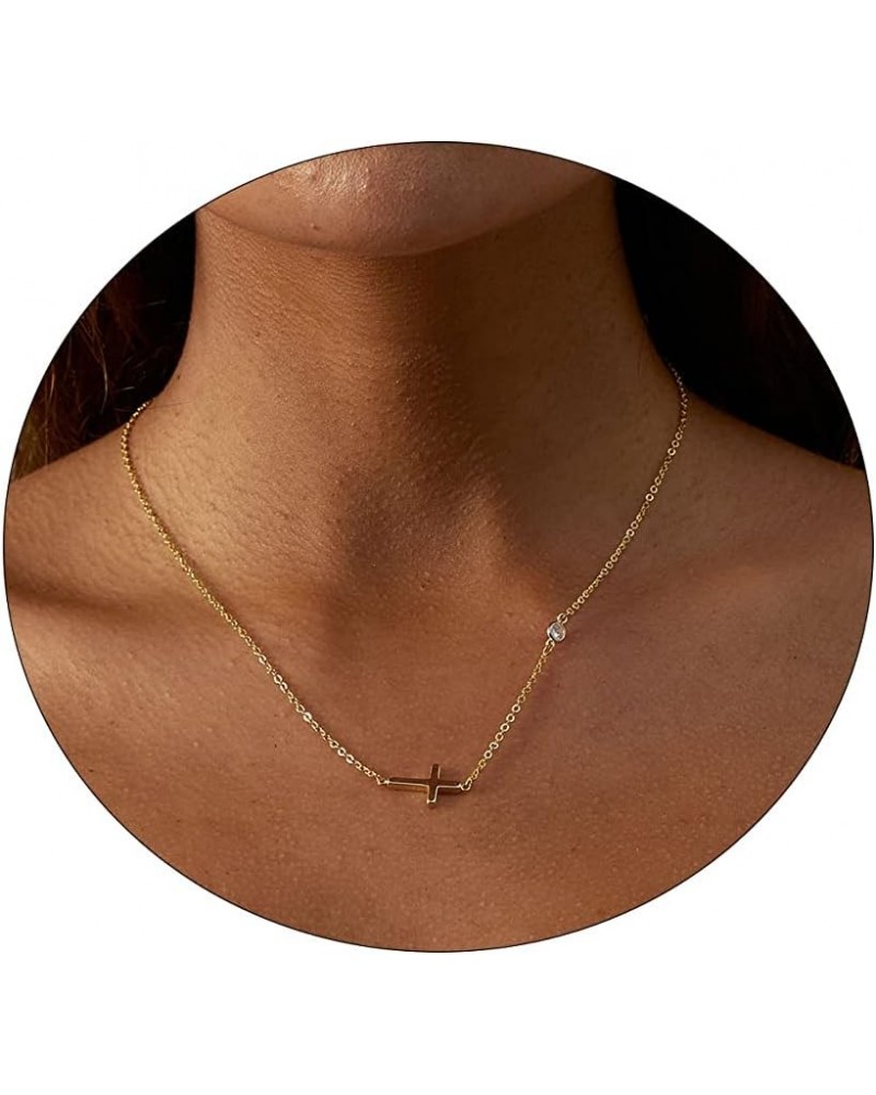 Dainty Cross Necklace for Women 14K Gold Plated Cross Pendant Necklaces Tiny Sideways Cross CZ Diamond Nekclace Delicate Ever...